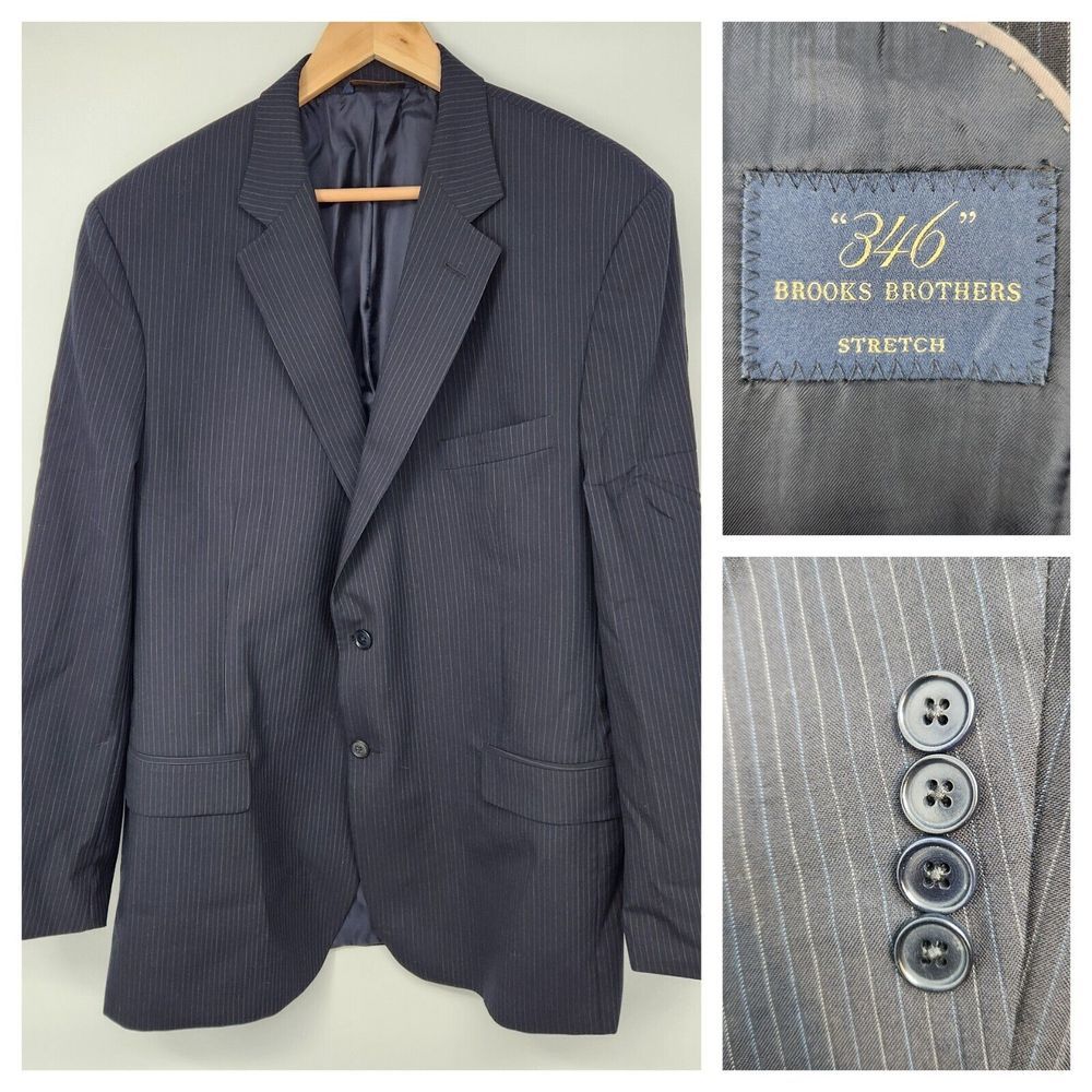 Brooks Brothers‎ 346 Jacket Dark Blue w/ Blue & Gray Pinstripe Blazer Wool 46L